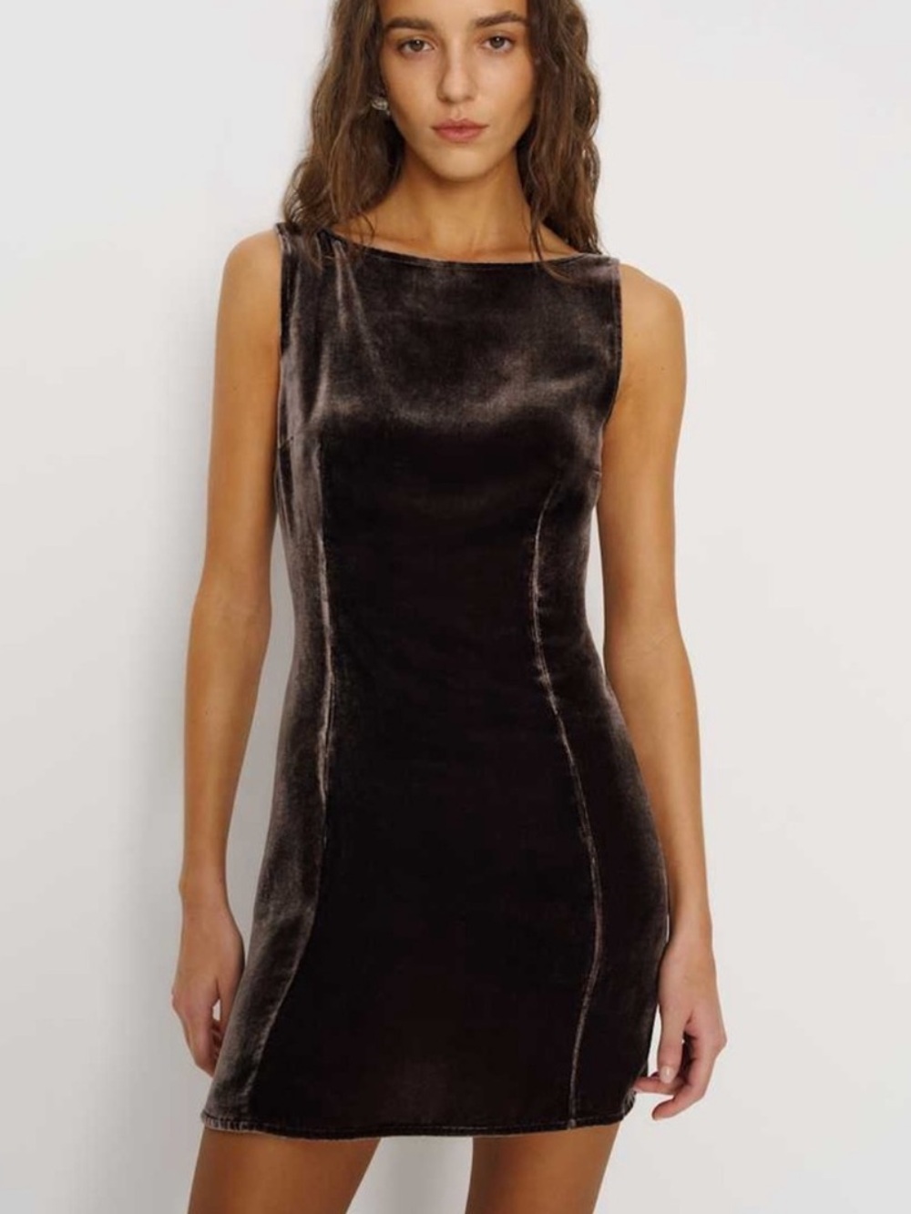 Reformation Brisbane Black Velvet Mini Dress, Sleeveless, Boat Neck, A-Line Fit